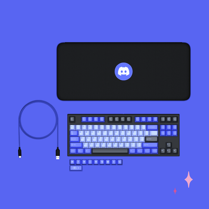 Flat Lay of Discord Dark Theme Bluetooth Mechanical Keyboard with Carrying Case and USB-C Cable