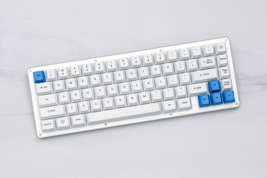 WhiteFox Mechanical Keyboard on a GMK Camping Keyset themed desk mat by Novelkeys